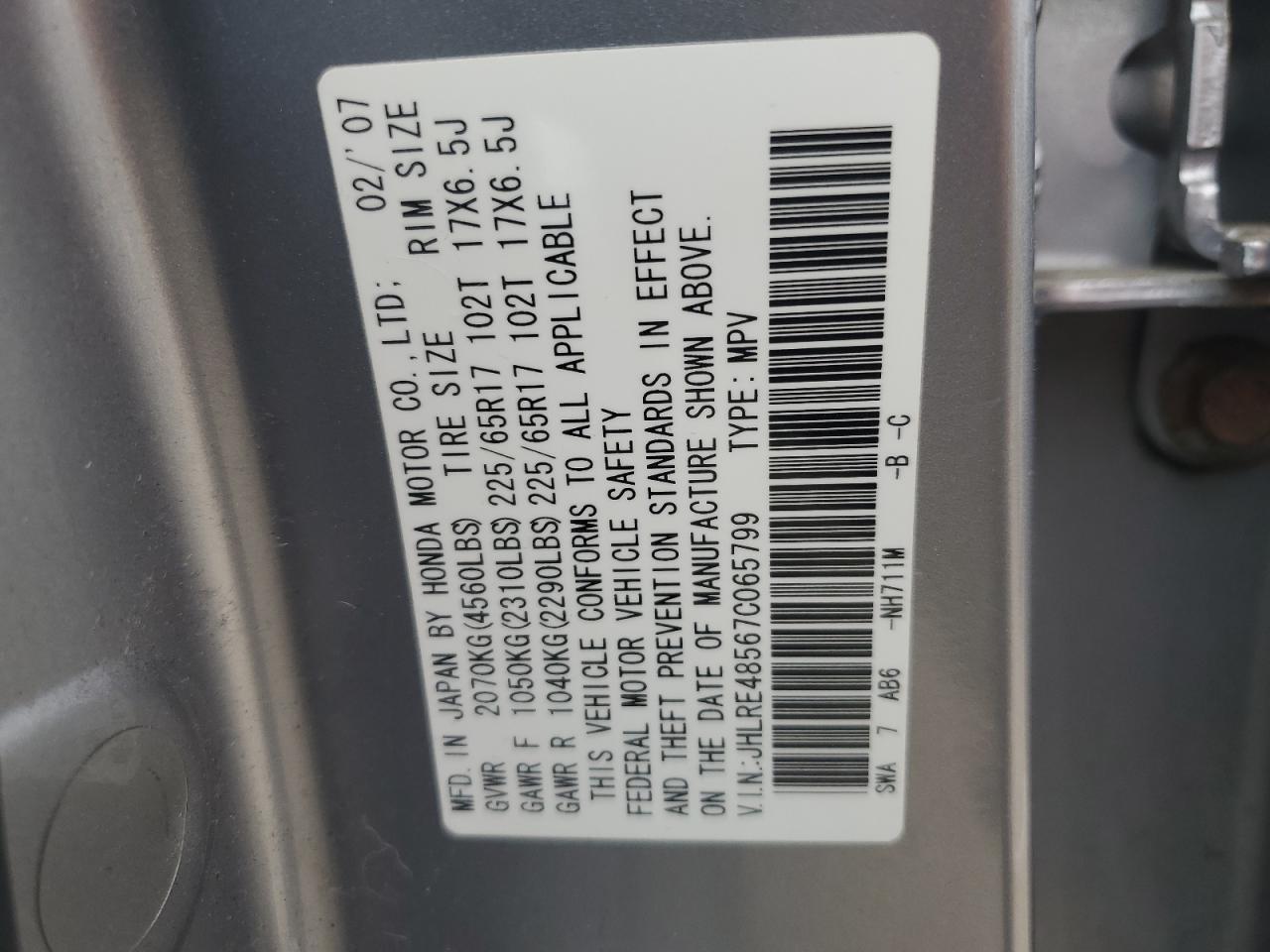 JHLRE48567C065799 2007 Honda Cr-V Ex