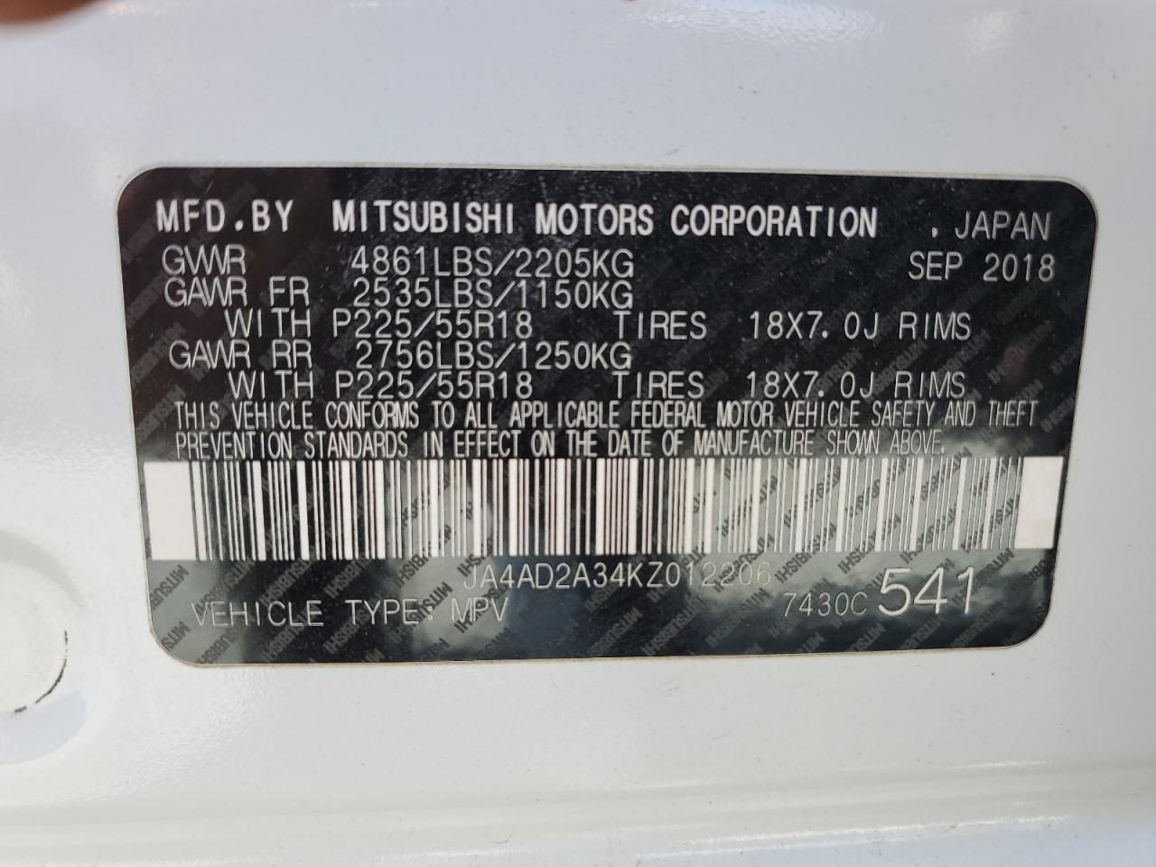 JA4AD2A34KZ012206 2019 Mitsubishi Outlander Es