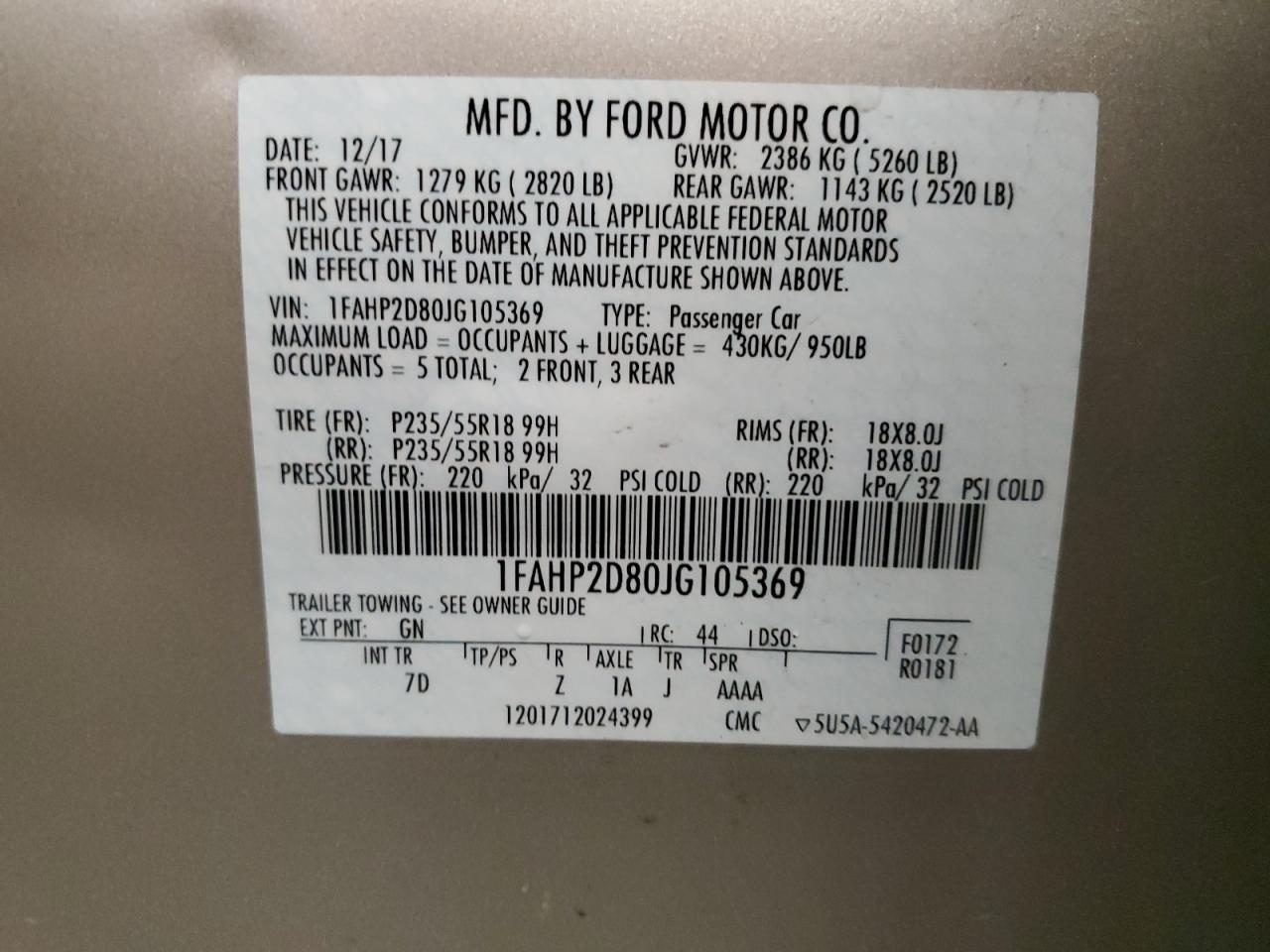 2018 Ford Taurus Se vin: 1FAHP2D80JG105369