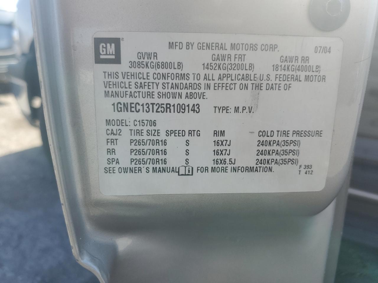 1GNEC13T25R109143 2005 Chevrolet Tahoe C1500