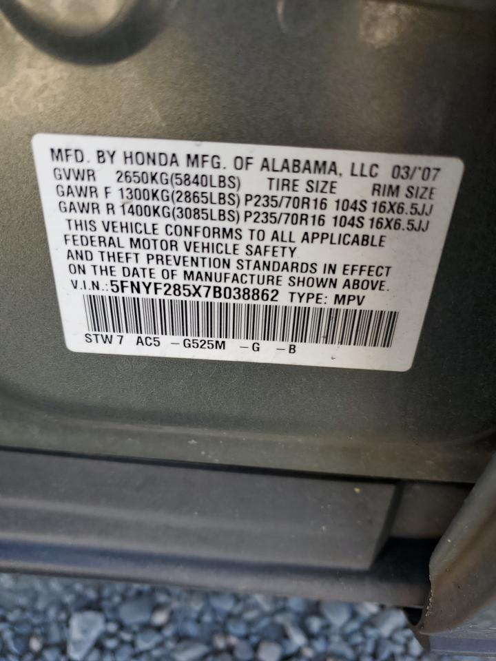 5FNYF285X7B038862 2007 Honda Pilot Exl