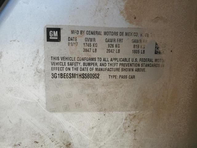 2017 Chevrolet Cruze Lt VIN: 3G1BE6SM1HS580952 Lot: 54641934