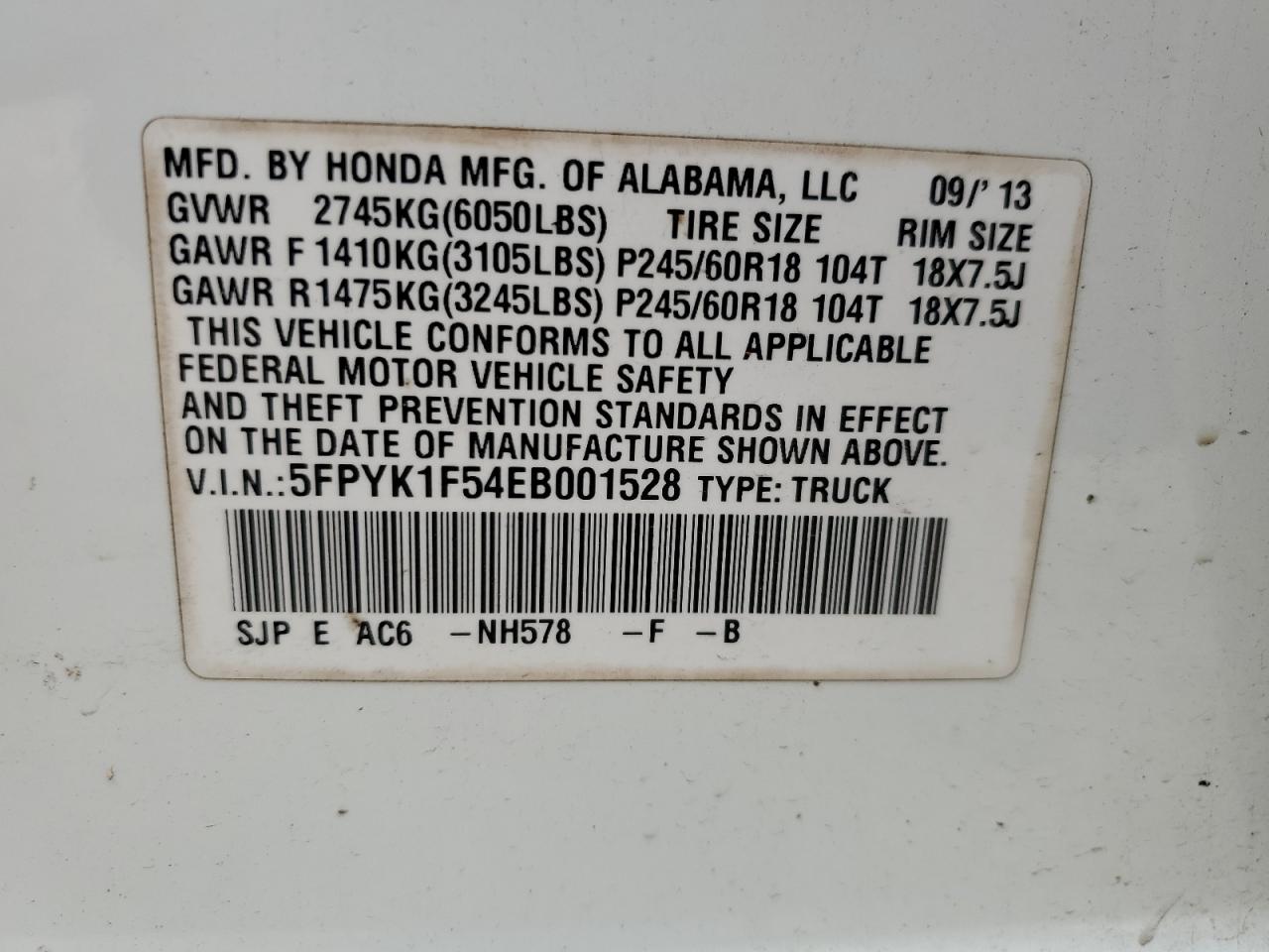 5FPYK1F54EB001528 2014 Honda Ridgeline Rtl