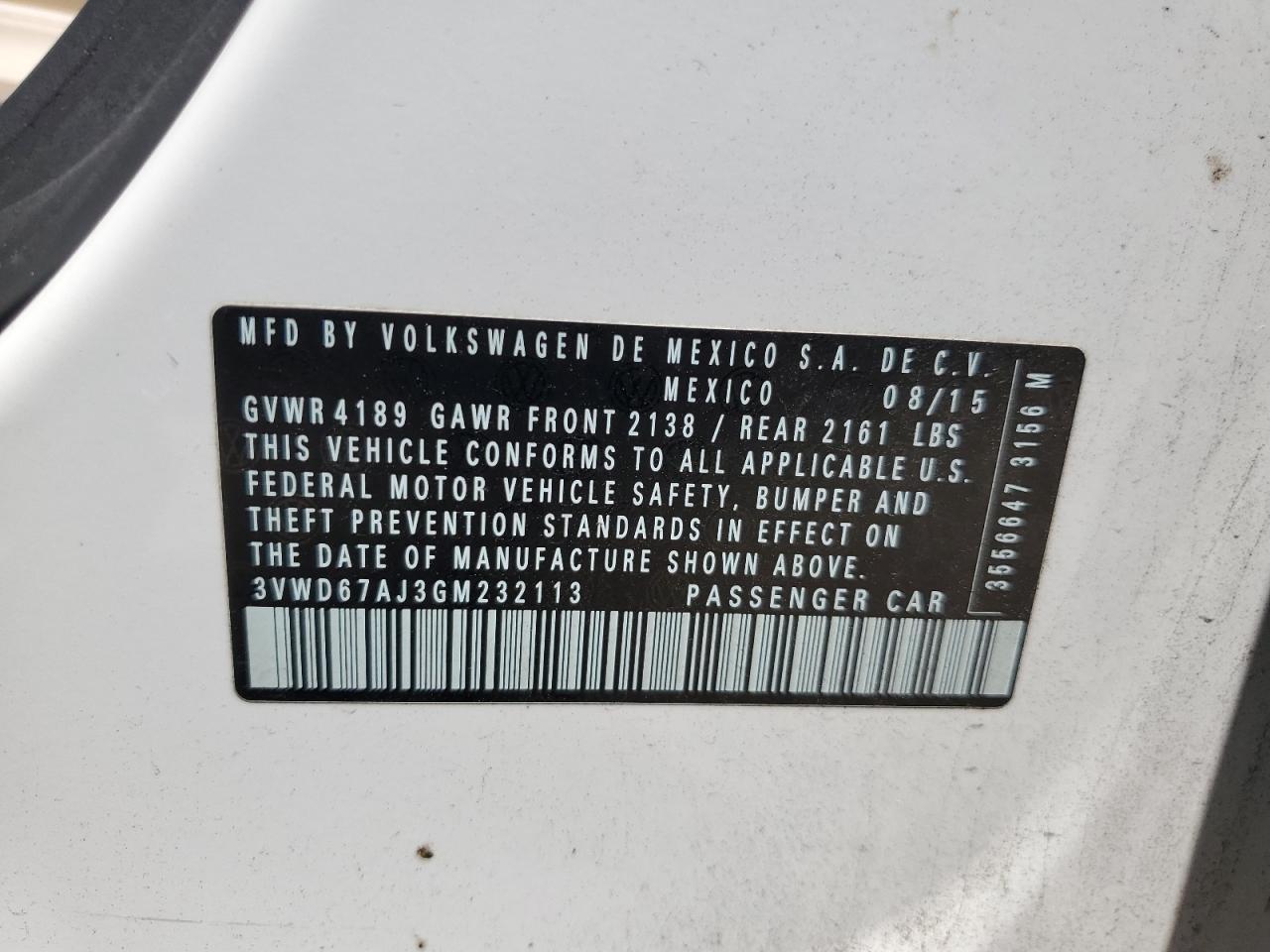 3VWD67AJ3GM232113 2016 Volkswagen Jetta Se