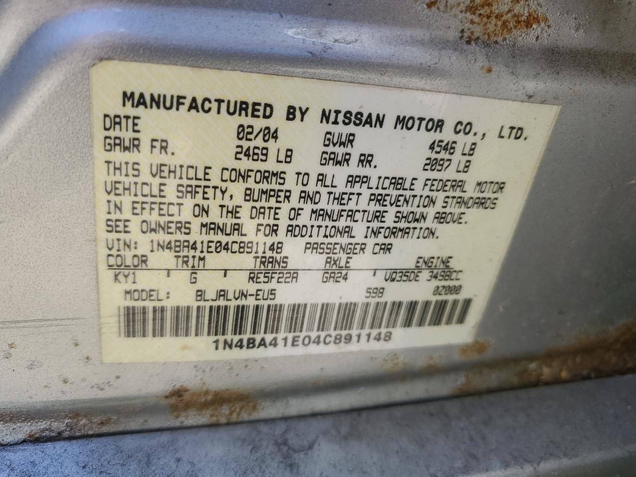 1N4BA41E04C891148 2004 Nissan Maxima Se