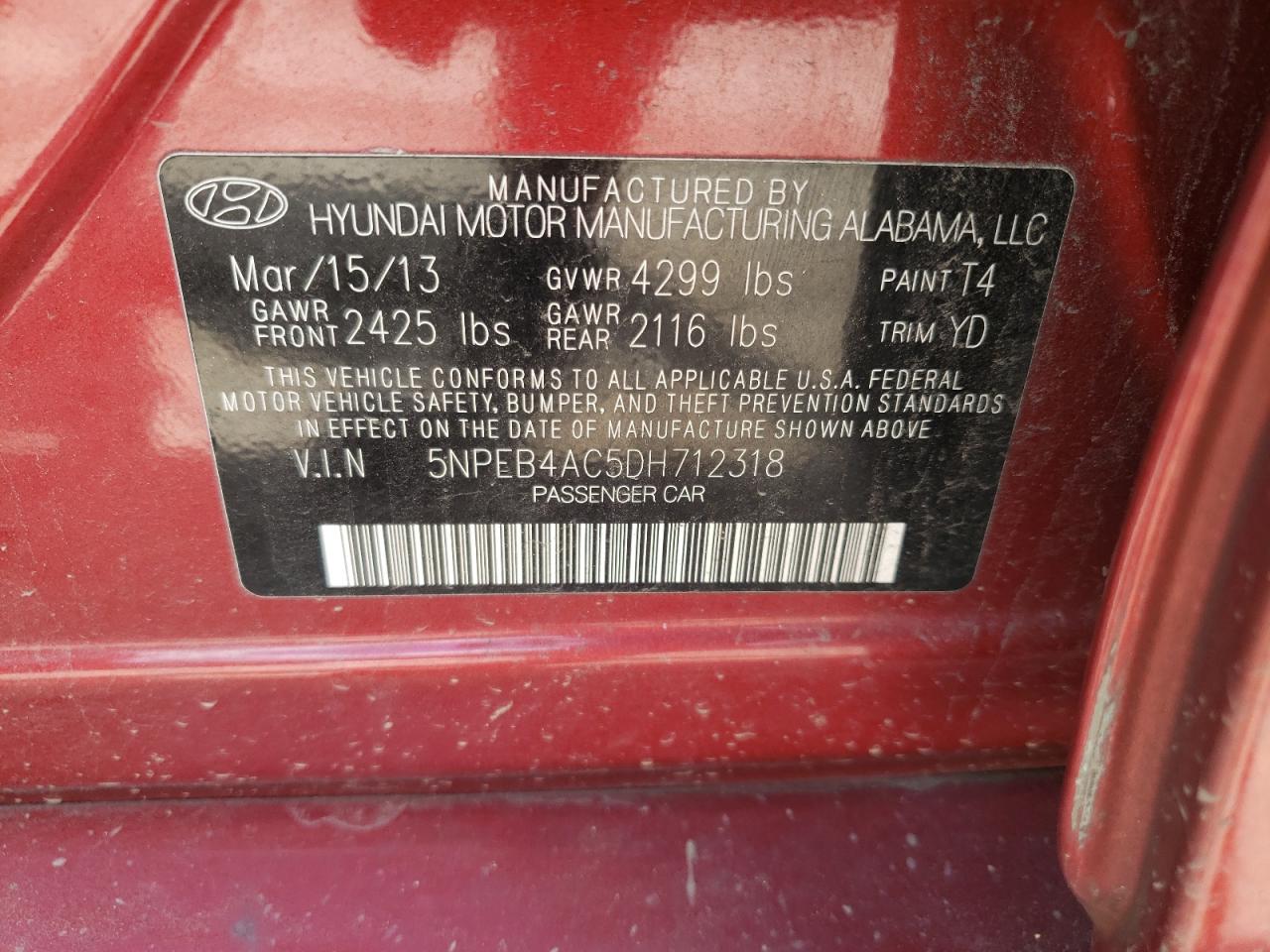 5NPEB4AC5DH712318 2013 Hyundai Sonata Gls