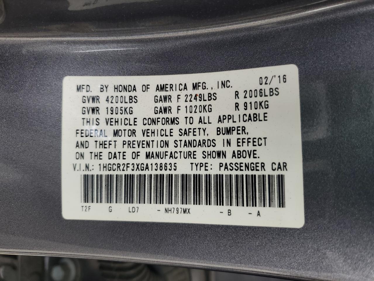 1HGCR2F3XGA138635 2016 Honda Accord Lx