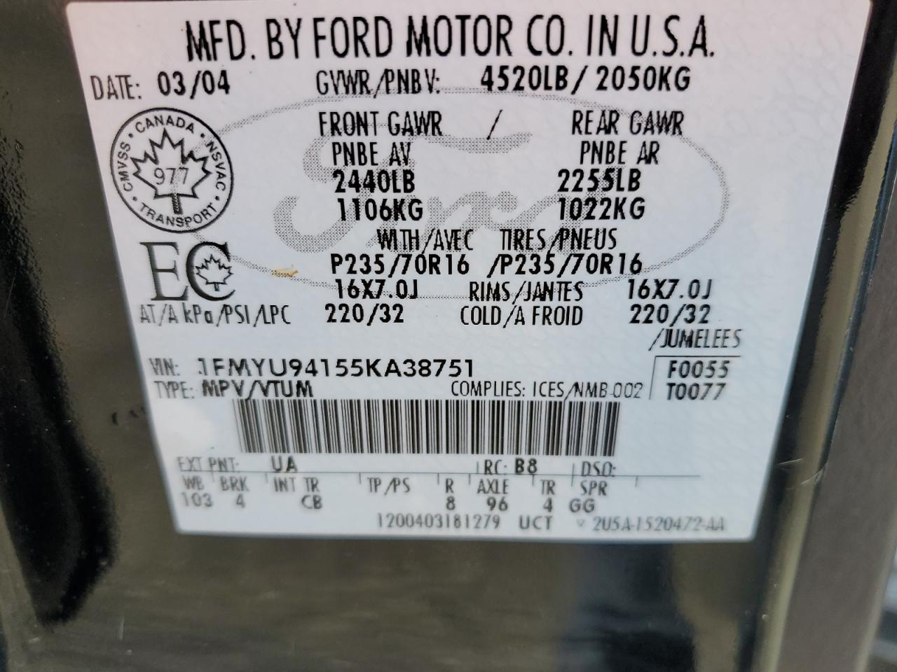 1FMYU94155KA38751 2005 Ford Escape Limited