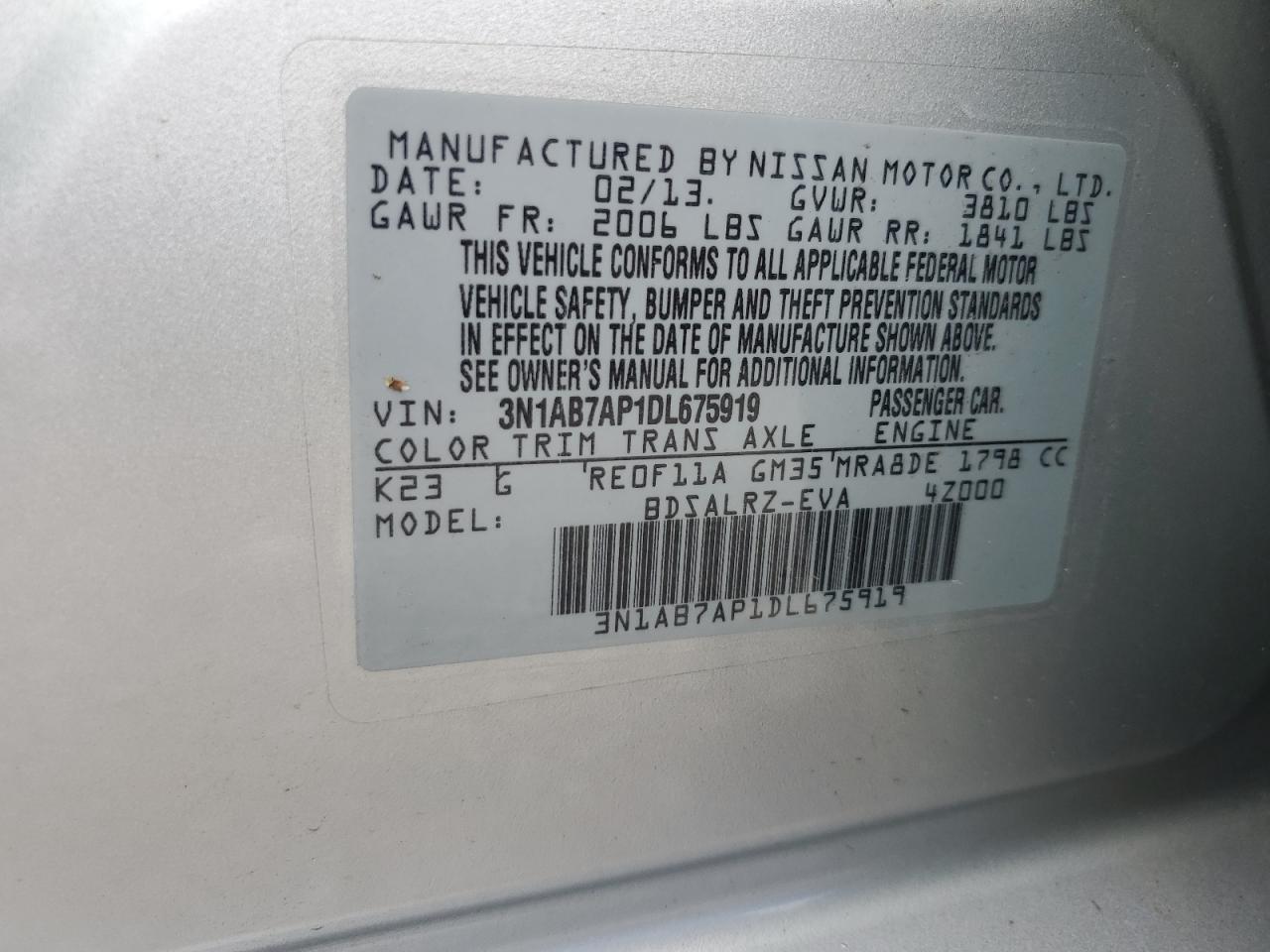 3N1AB7AP1DL675919 2013 Nissan Sentra S