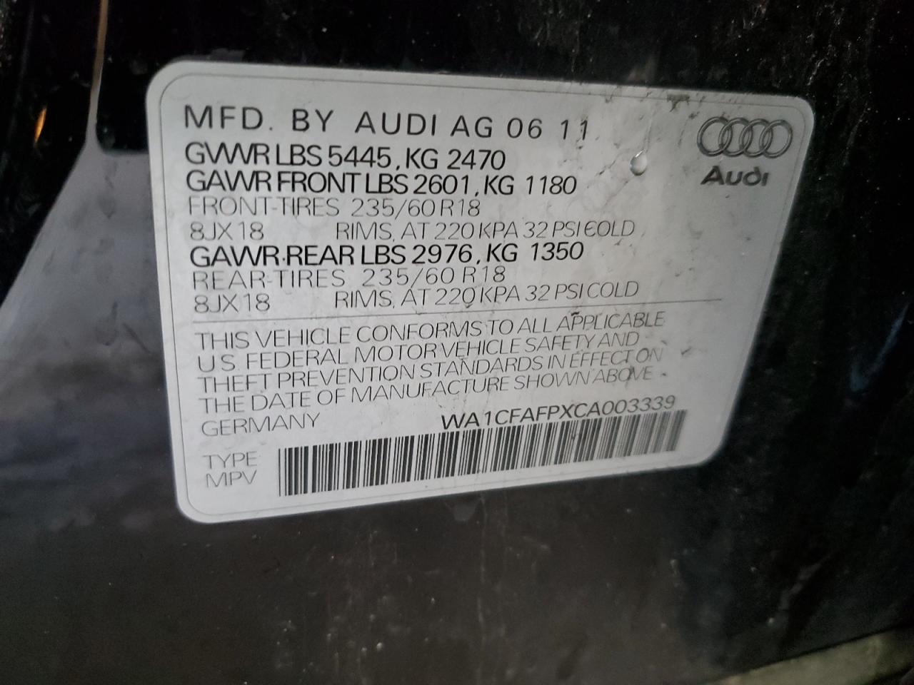 WA1CFAFPXCA003339 2012 Audi Q5 Premium