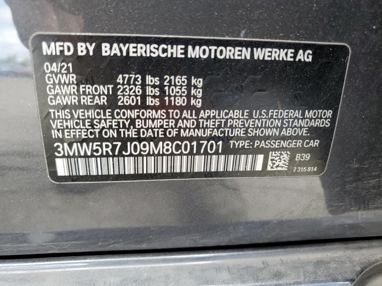 3MW5R7J09M8C01701 2021 BMW 330Xi