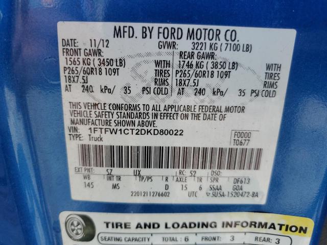 2013 Ford F150 Supercrew VIN: 1FTFW1CT2DKD80022 Lot: 55112694