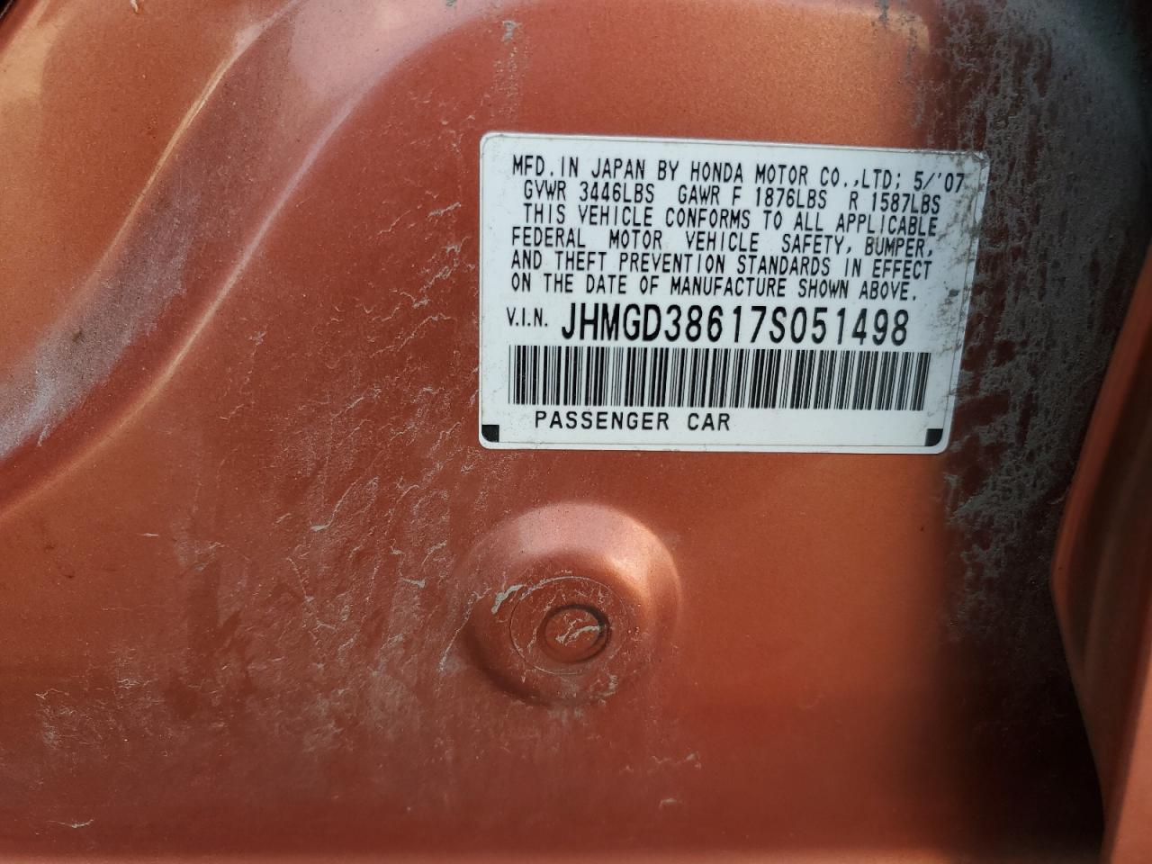 JHMGD38617S051498 2007 Honda Fit S