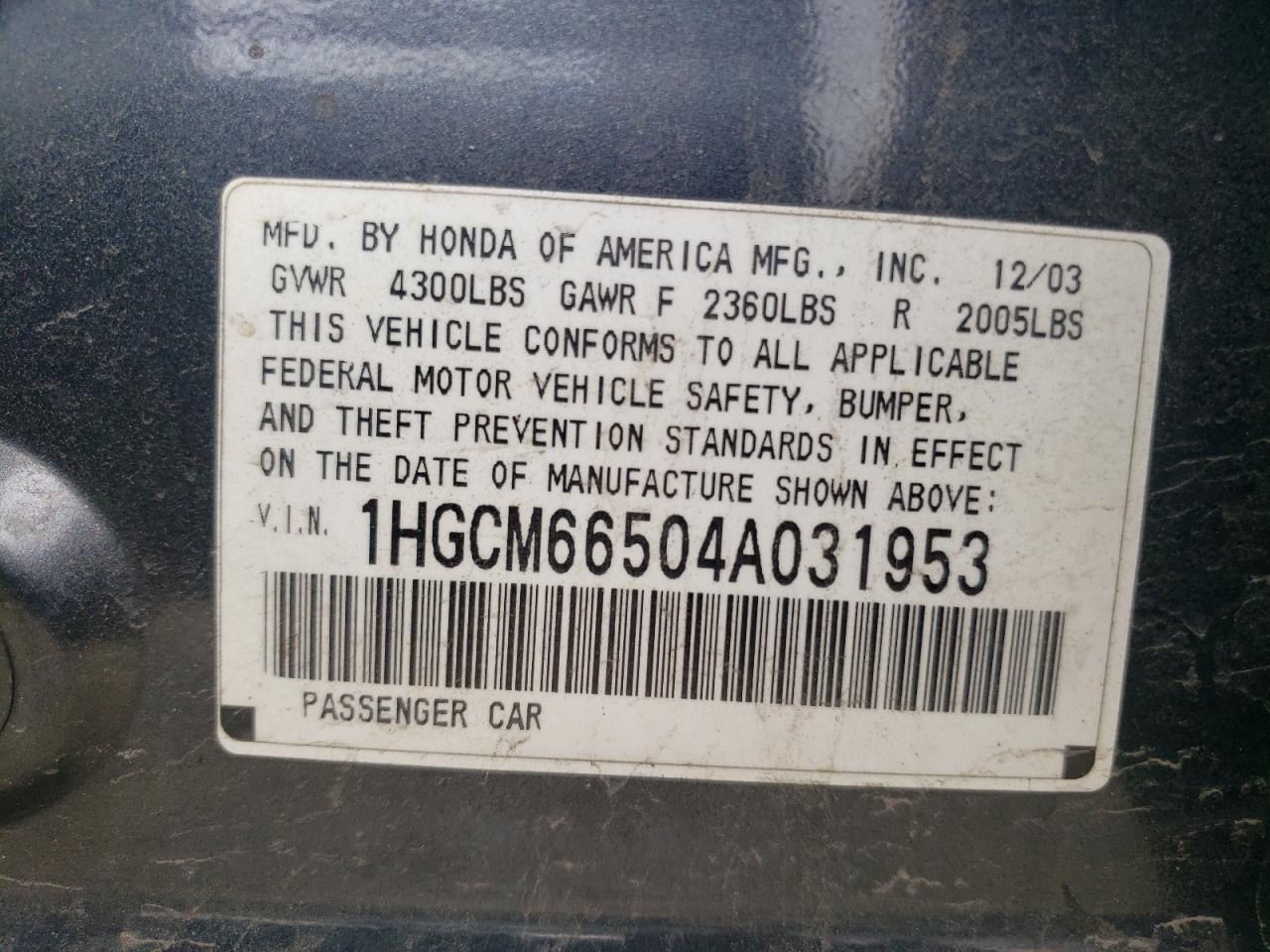 1HGCM66504A031953 2004 Honda Accord Ex