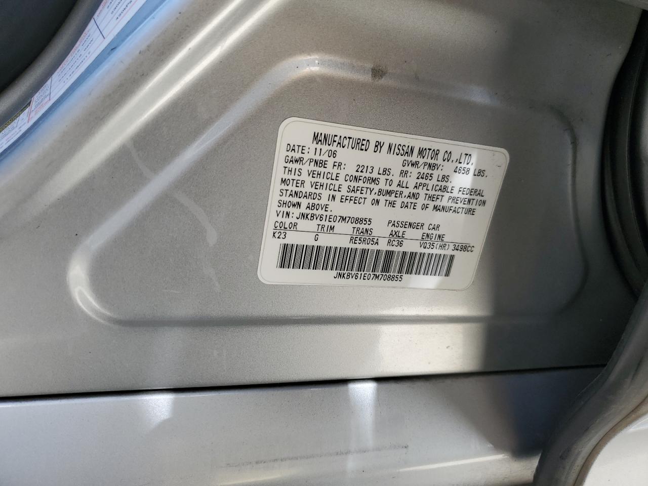 JNKBV61E07M708855 2007 Infiniti G35