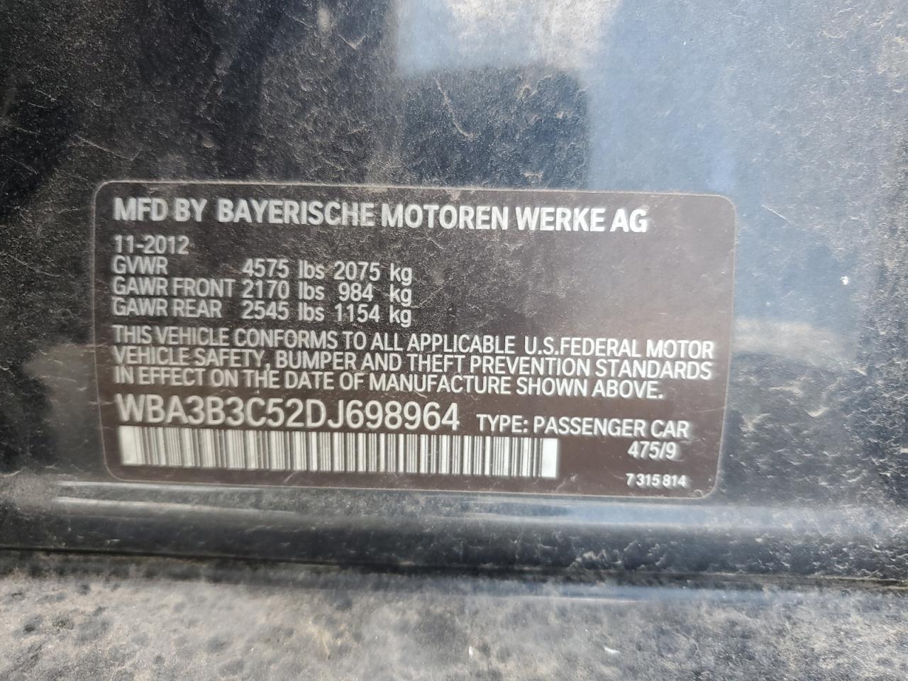 WBA3B3C52DJ698964 2013 BMW 328 Xi