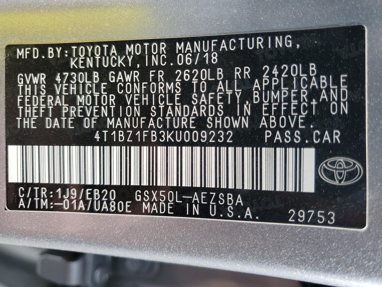 4T1BZ1FB3KU009232 2019 Toyota Avalon Xle