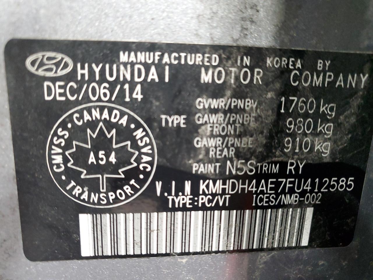 KMHDH4AE7FU412585 2015 Hyundai Elantra Se