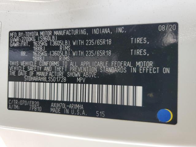 2020 Toyota Highlander Hybrid Xle VIN: 5TDHARAH8LS501728 Lot: 54753404