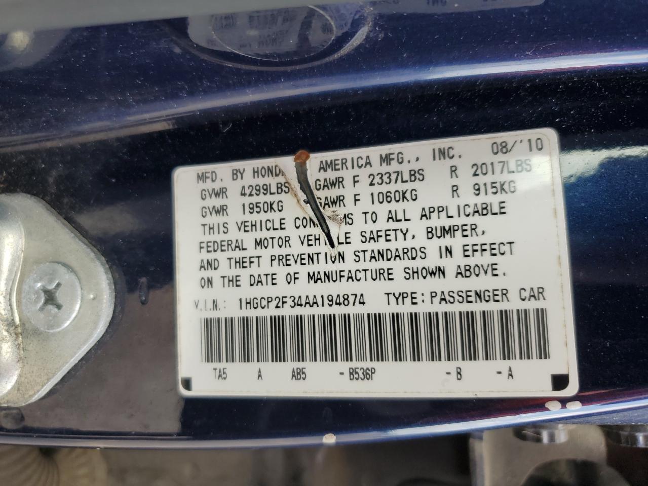 1HGCP2F34AA194874 2010 Honda Accord Lx