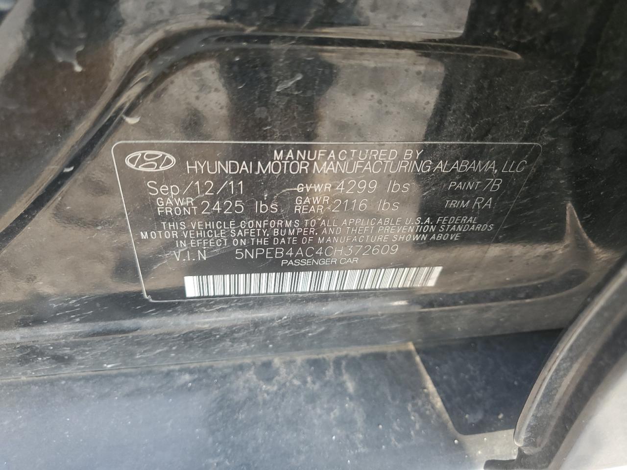 5NPEB4AC4CH372609 2012 Hyundai Sonata Gls