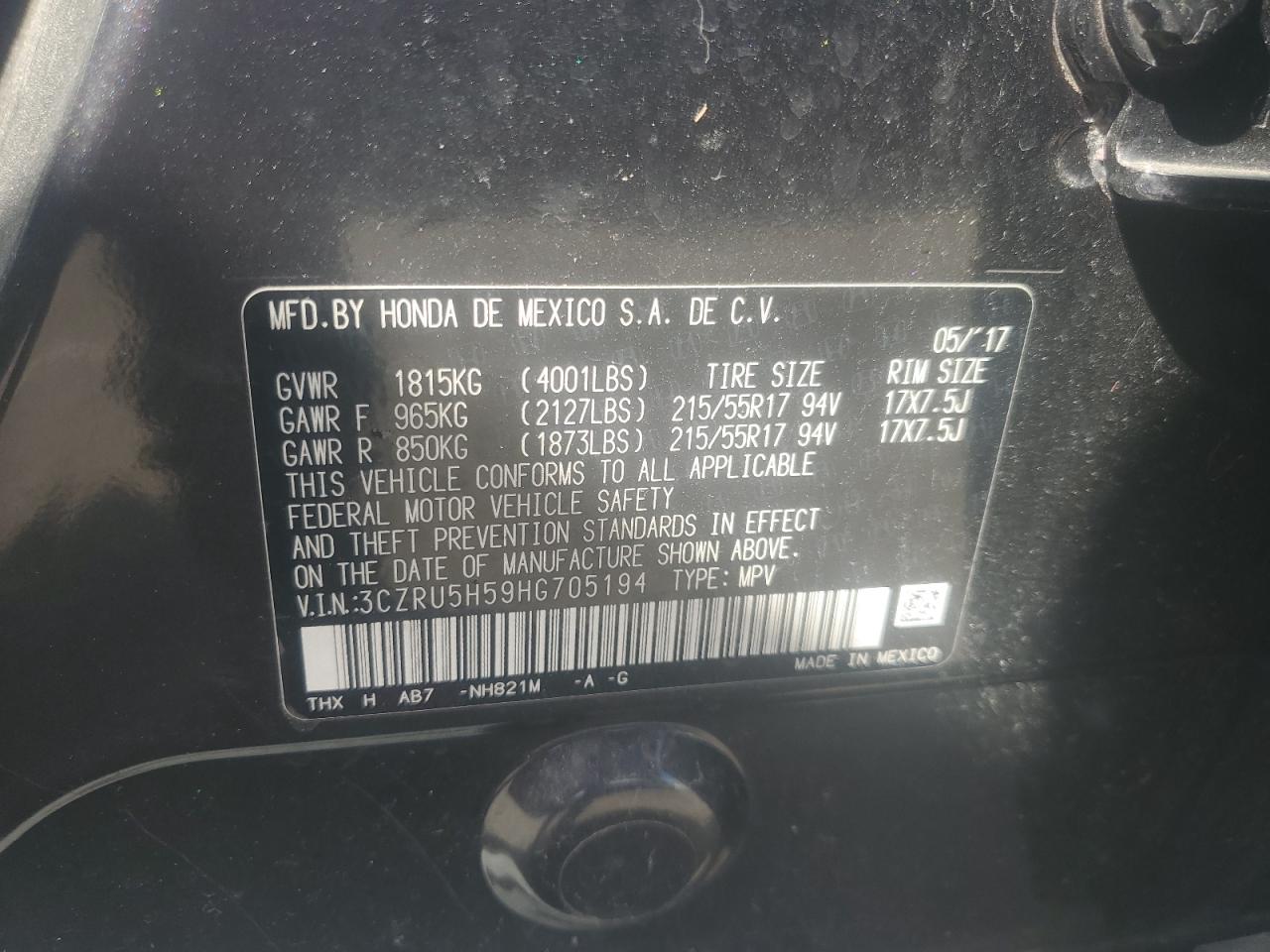 3CZRU5H59HG705194 2017 Honda Hr-V Ex