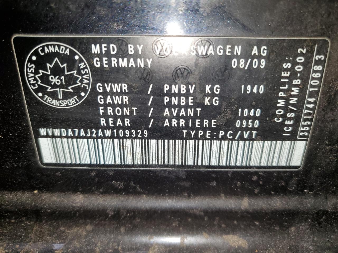 WVWDA7AJ2AW109329 2010 Volkswagen Golf