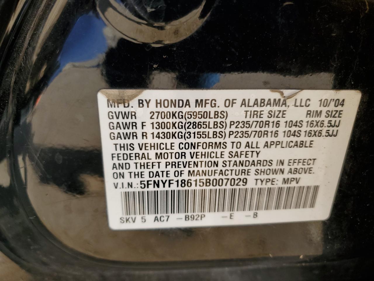 5FNYF18615B007029 2005 Honda Pilot Exl