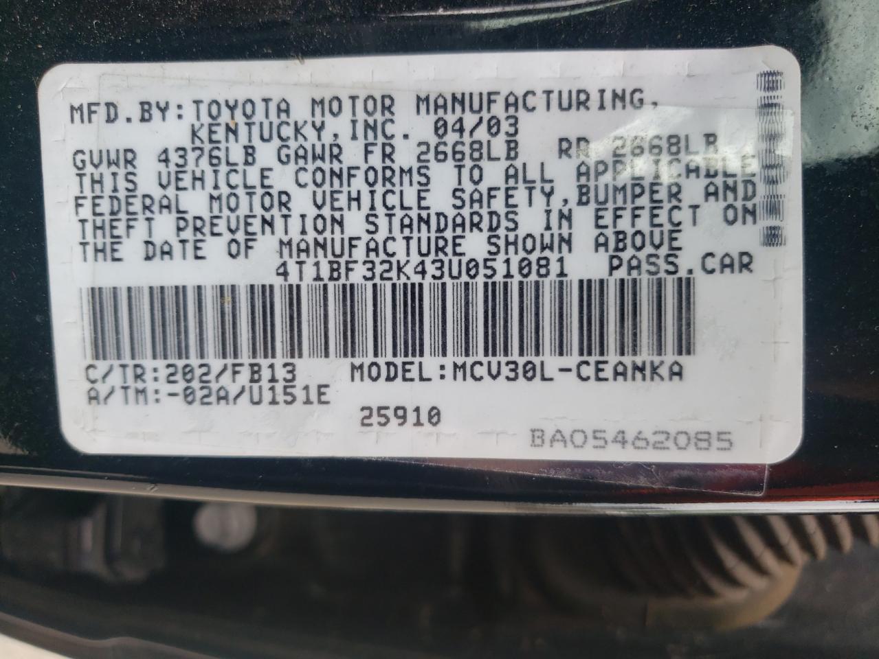 4T1BF32K43U051081 2003 Toyota Camry Le