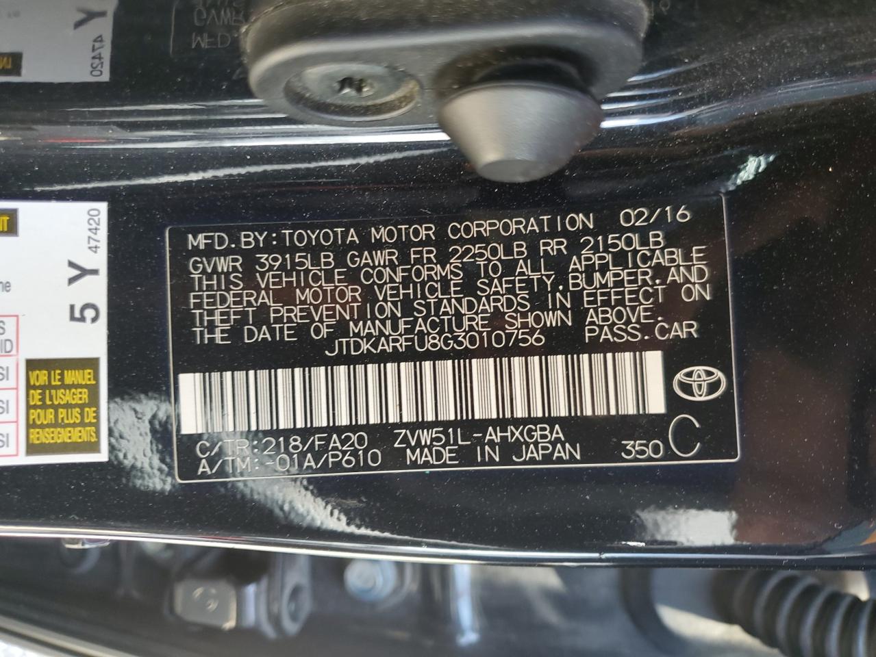 JTDKARFU8G3010756 2016 Toyota Prius