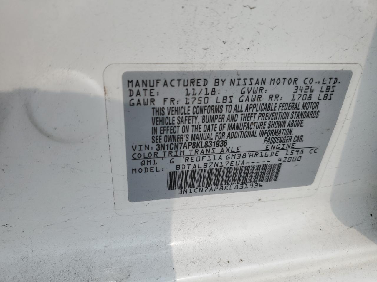 3N1CN7AP8KL831936 2019 Nissan Versa S