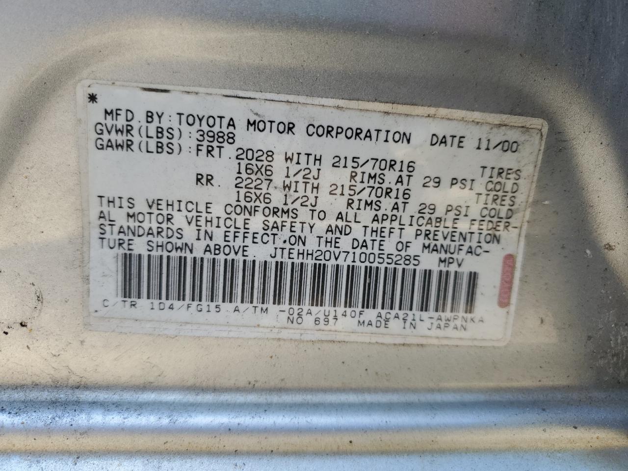 JTEHH20V710055285 2001 Toyota Rav4