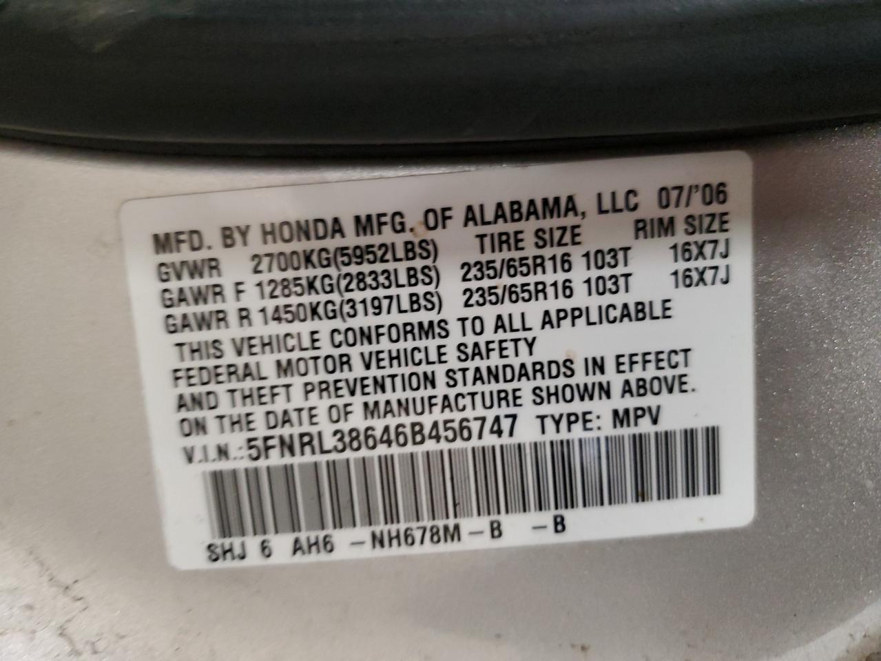 5FNRL38646B456747 2006 Honda Odyssey Exl