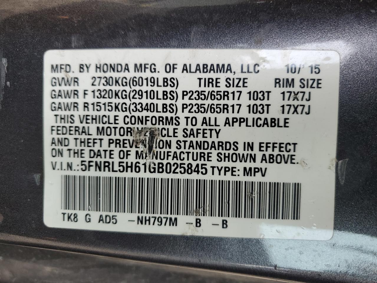 5FNRL5H61GB025845 2016 Honda Odyssey Exl