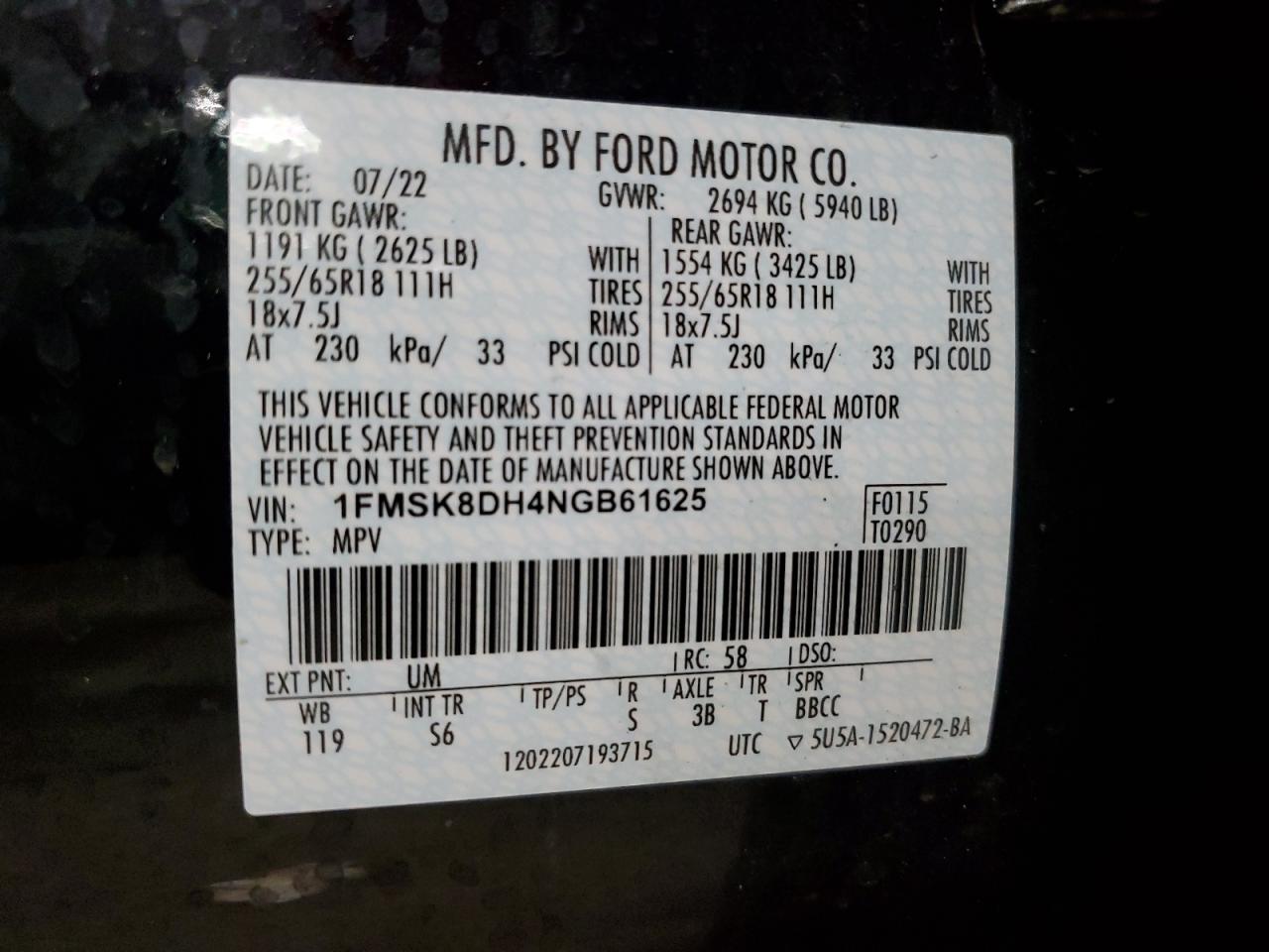 1FMSK8DH4NGB61625 2022 Ford Explorer Xlt