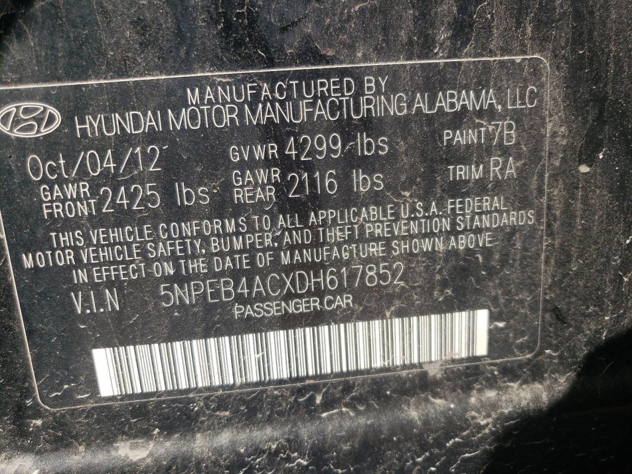 5NPEB4ACXDH617852 2013 Hyundai Sonata Gls