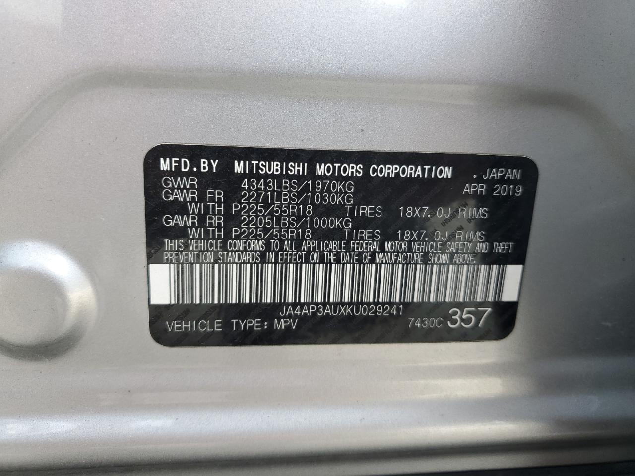 JA4AP3AUXKU029241 2019 Mitsubishi Outlander Sport Es