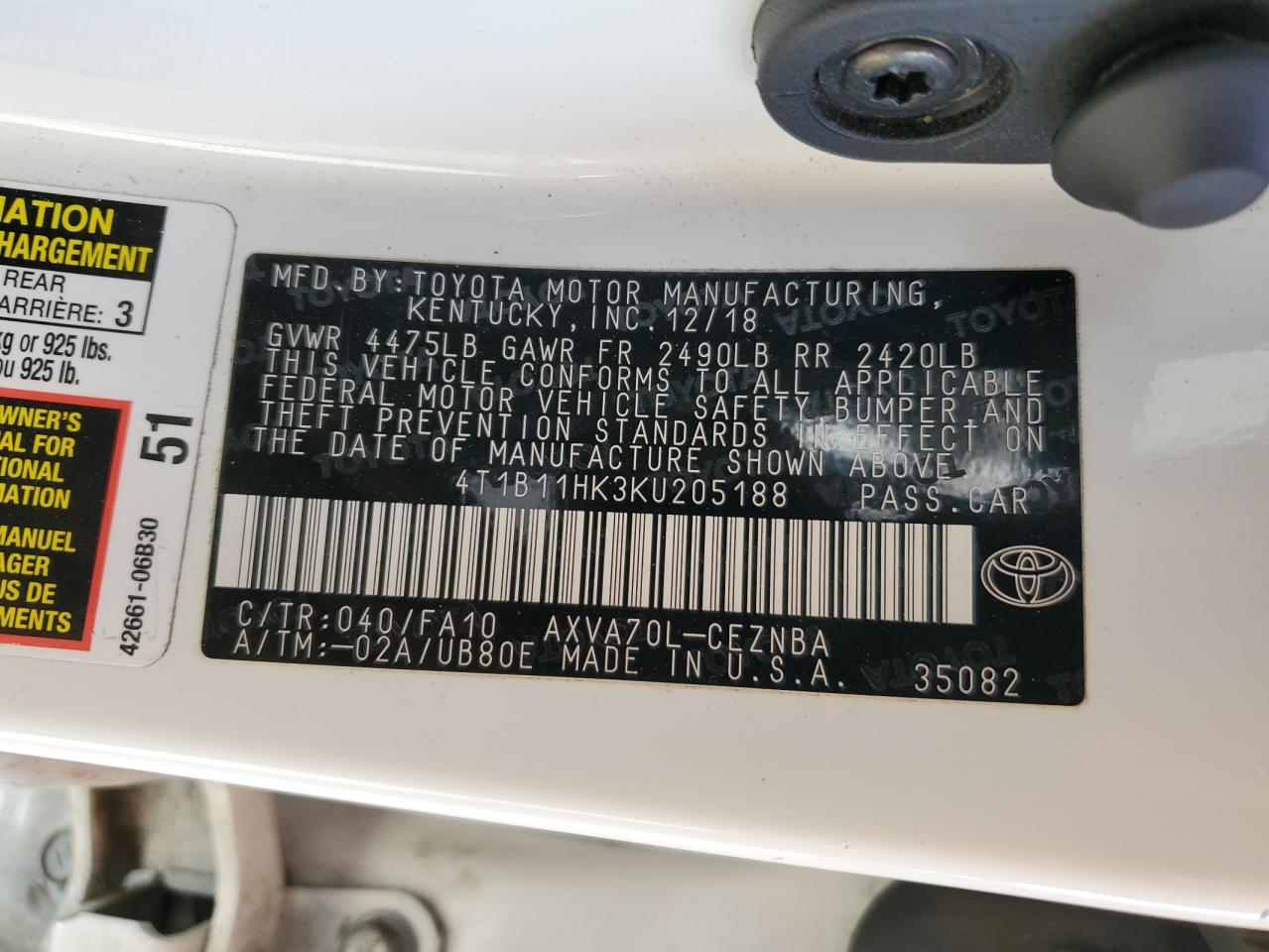 4T1B11HK3KU205188 2019 Toyota Camry L