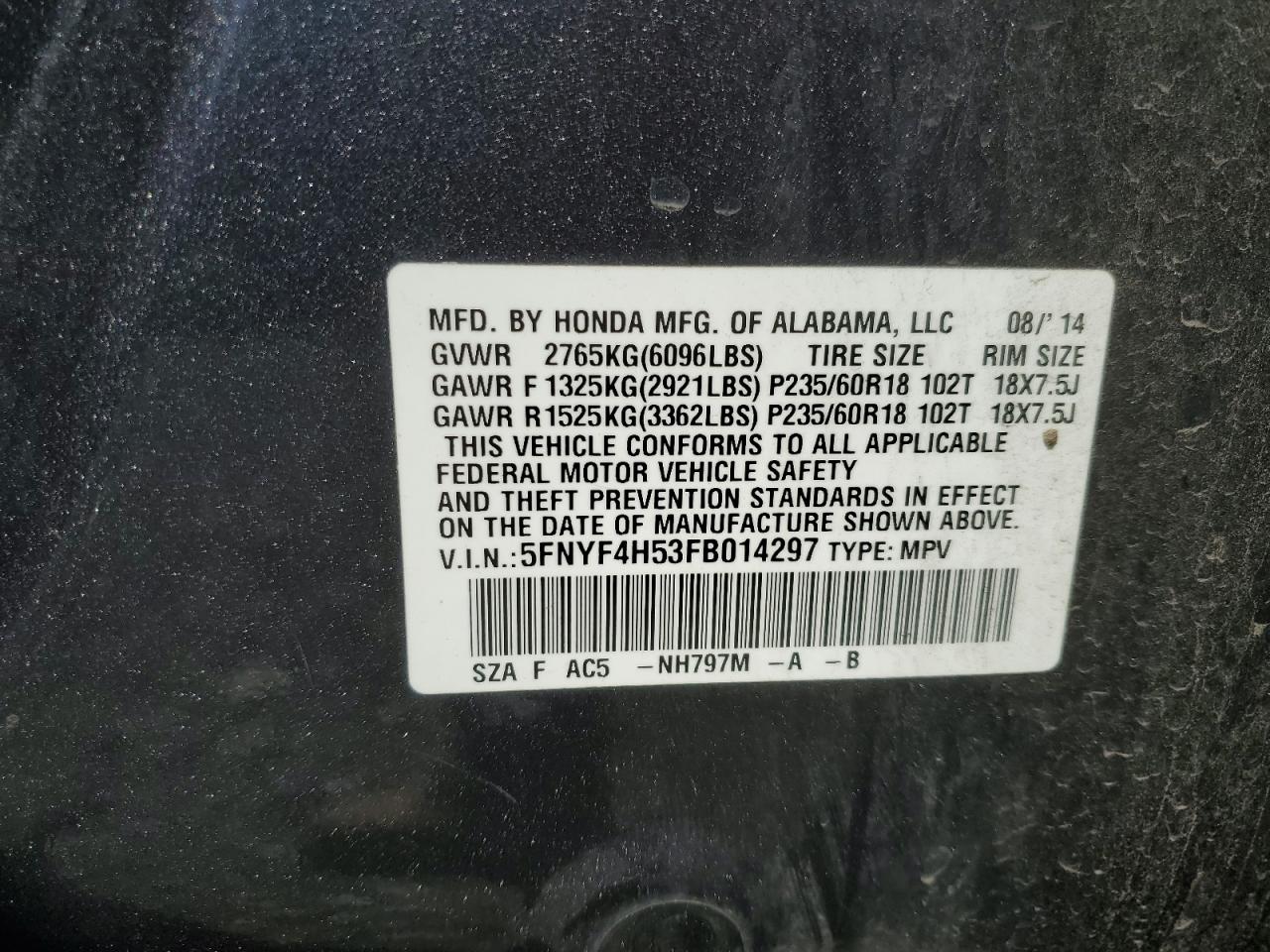 5FNYF4H53FB014297 2015 Honda Pilot Exl