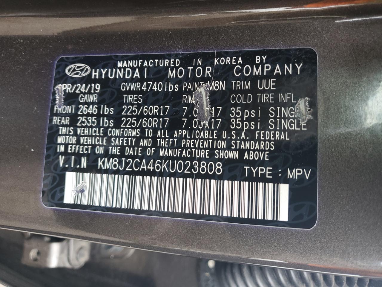 KM8J2CA46KU023808 2019 Hyundai Tucson Se