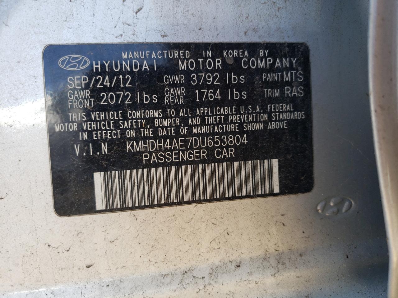 KMHDH4AE7DU653804 2013 Hyundai Elantra Gls