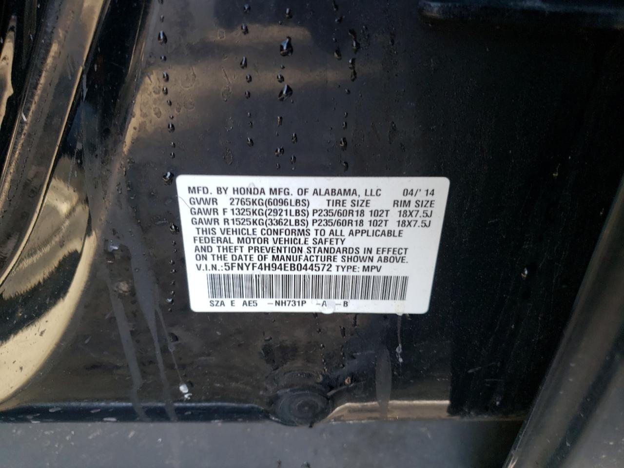 5FNYF4H94EB044572 2014 Honda Pilot Touring