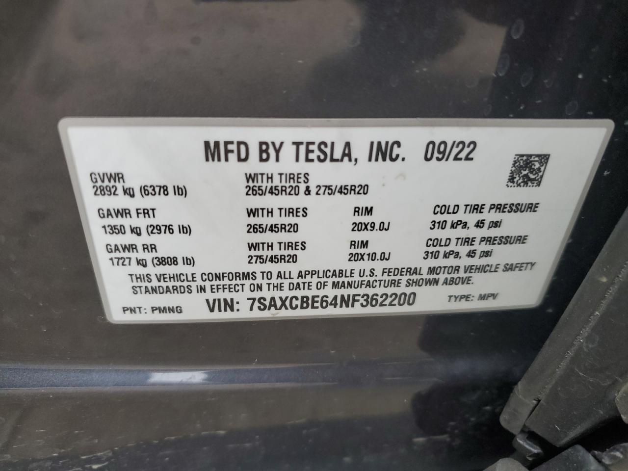 7SAXCBE64NF362200 2022 Tesla Model X