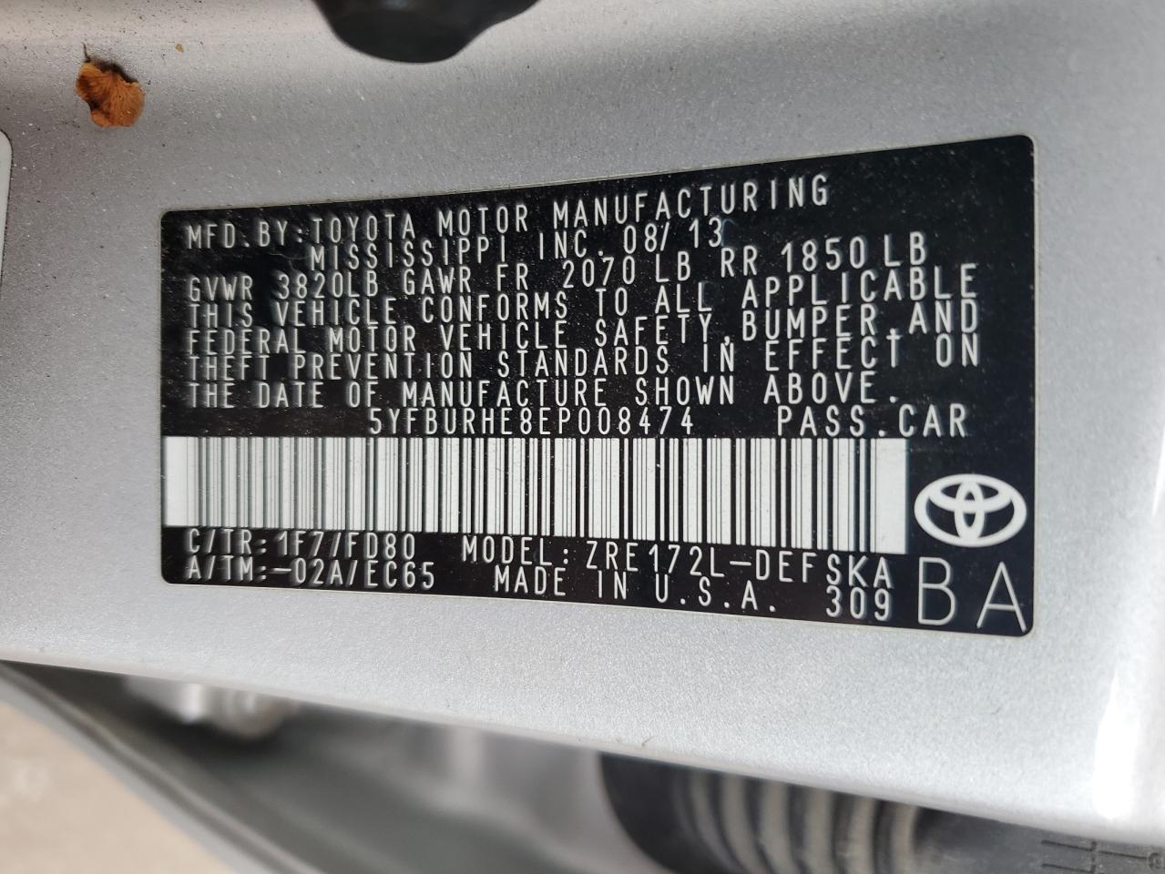 5YFBURHE8EP008474 2014 Toyota Corolla L