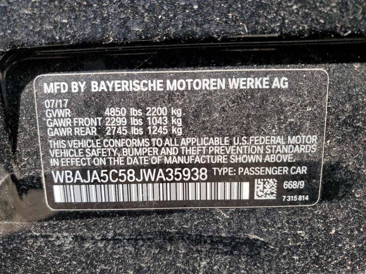 WBAJA5C58JWA35938 2018 BMW 530 I