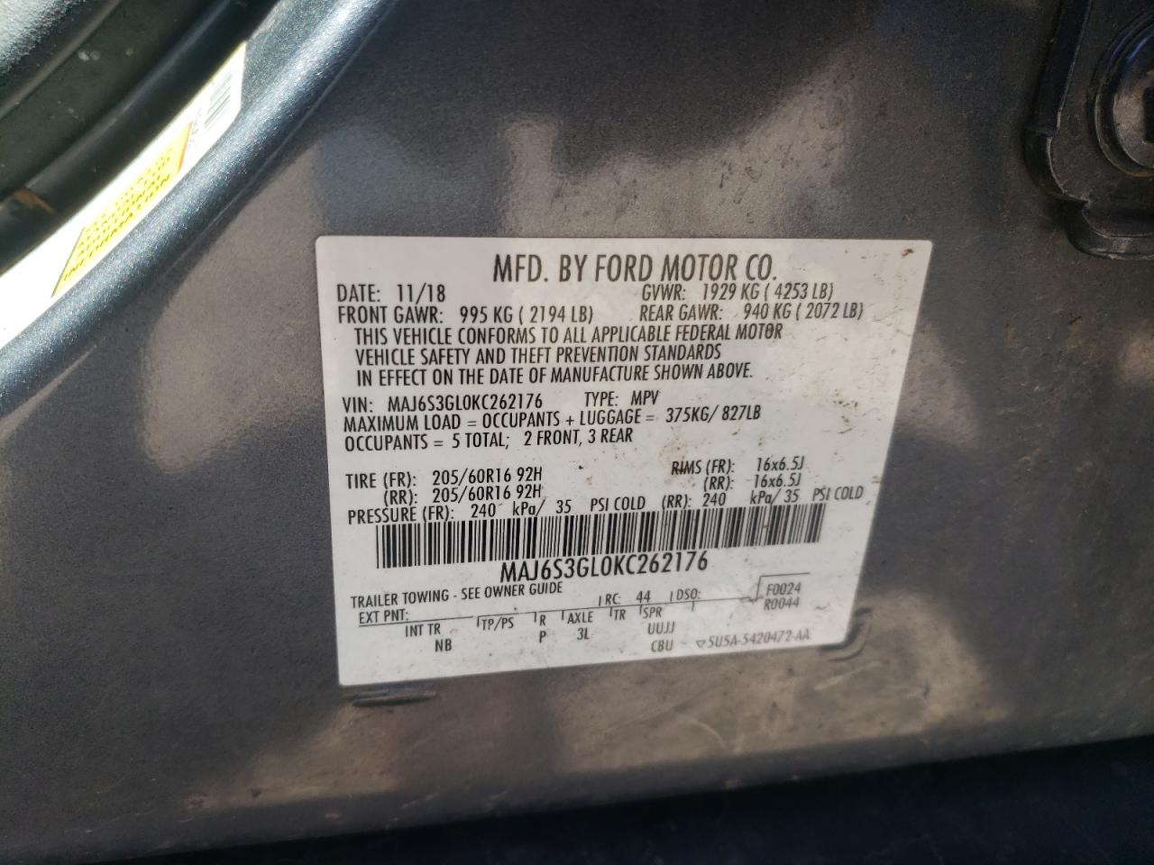 MAJ6S3GL0KC262176 2019 Ford Ecosport Se