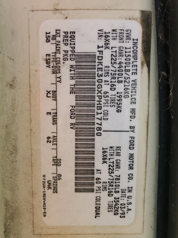 1FDKE30GXPHB17780 1993 Ford Econoline E350 Cutaway Van