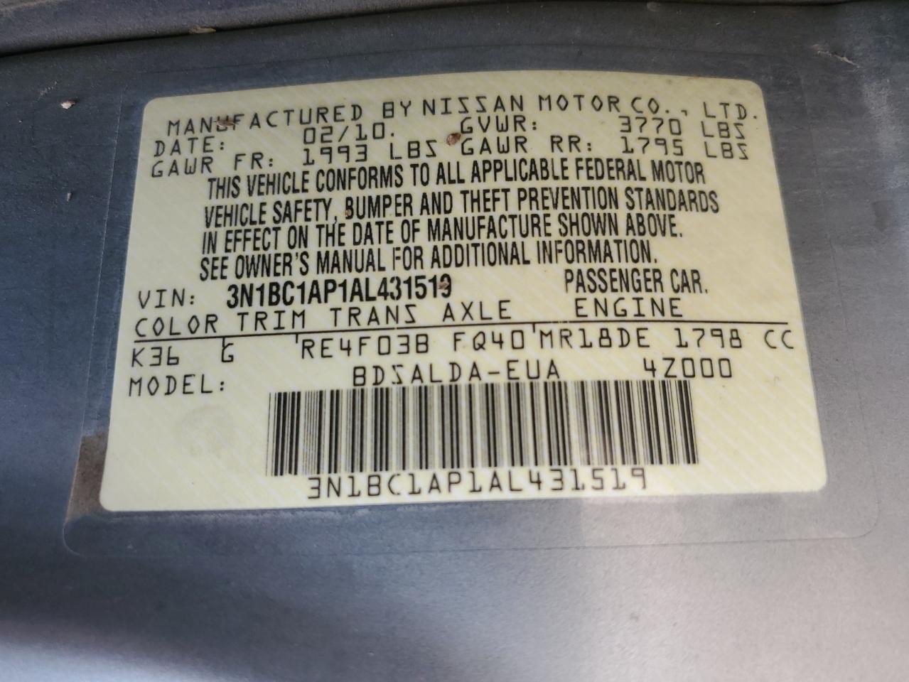 3N1BC1AP1AL431519 2010 Nissan Versa S