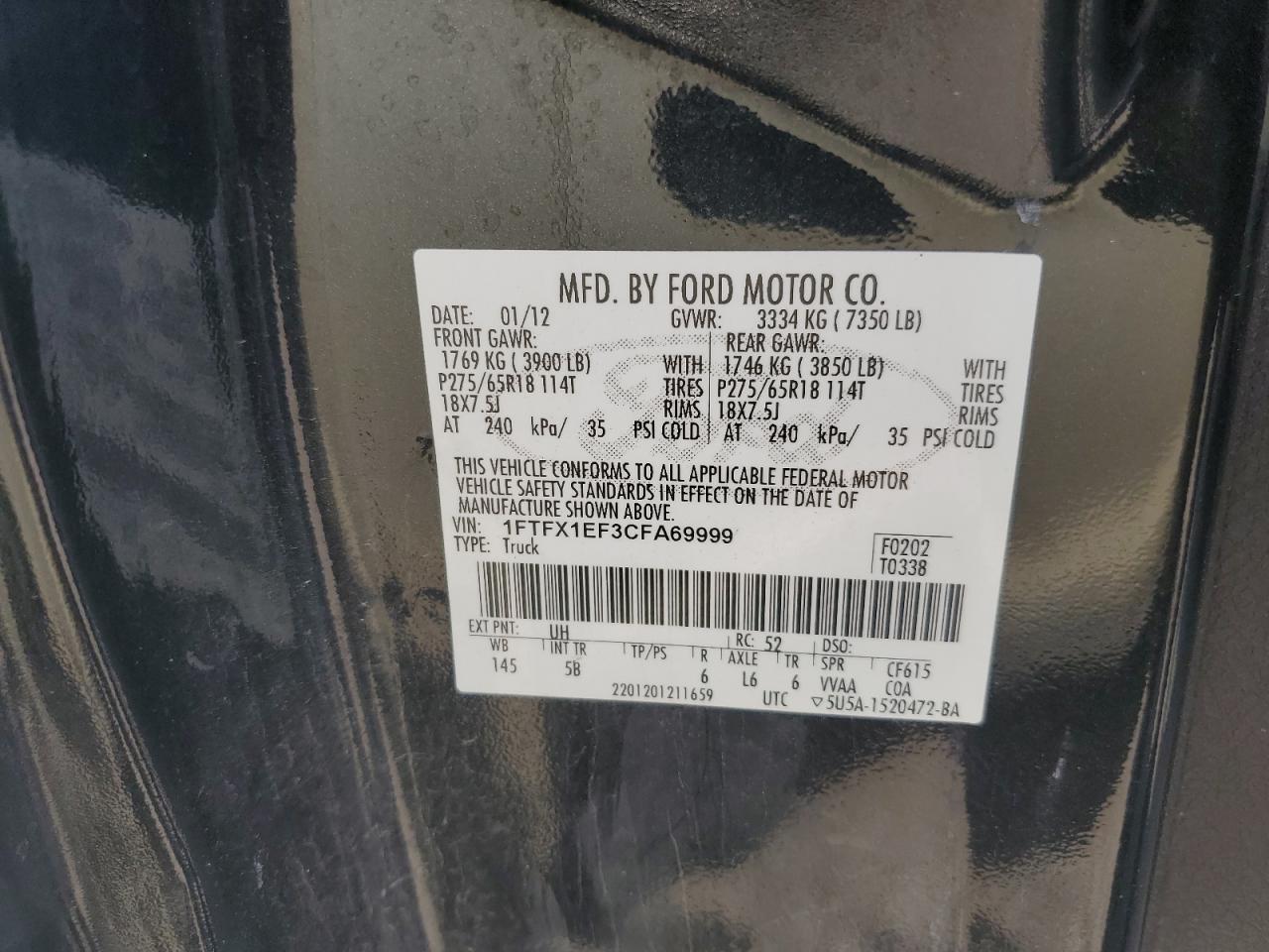 1FTFX1EF3CFA69999 2012 Ford F150 Super Cab