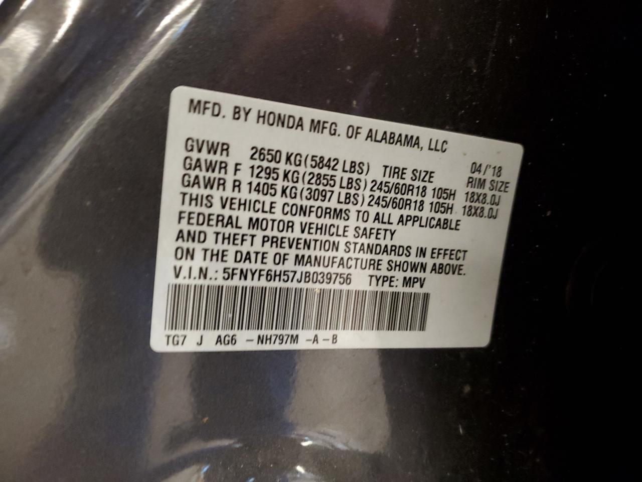 5FNYF6H57JB039756 2018 Honda Pilot Exl